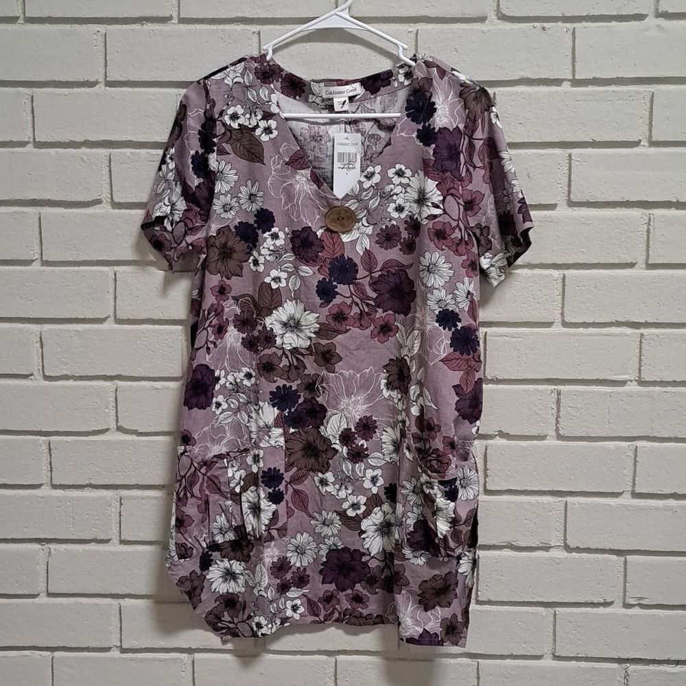 Coldwater Creek Oversized Purple Floral Pocet Button Detail Top. Size Small. NWT